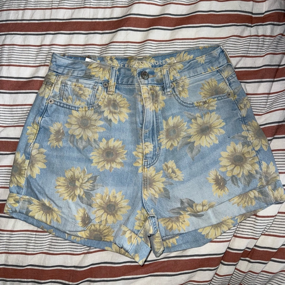 American Eagle Outfitters Blue and Yellow Jean Shorts Sunflower Print